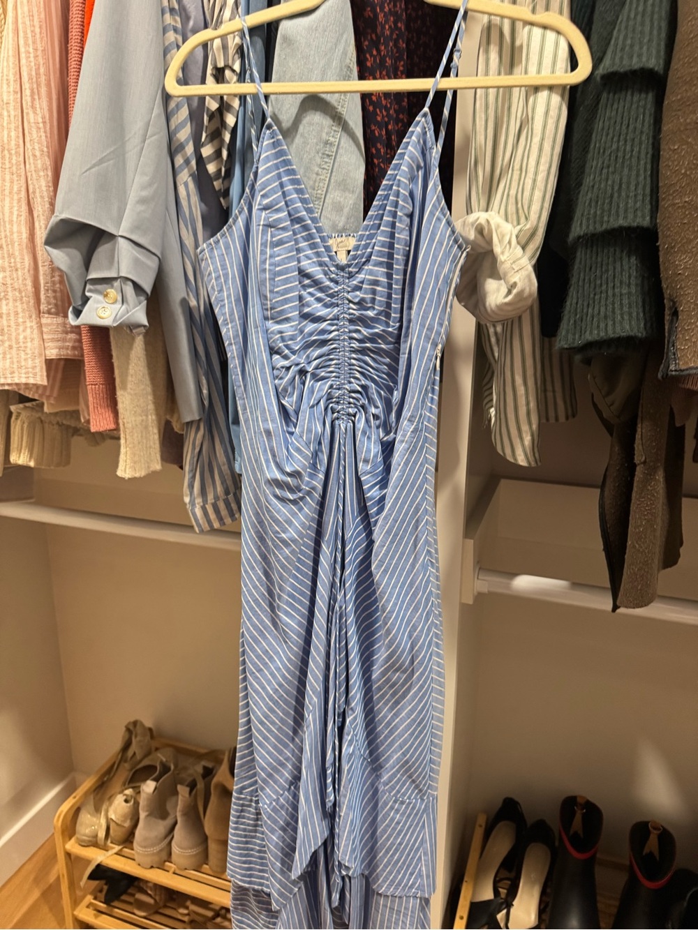 Joie Light Blue & White Striped Ruched V-Neck Maxi Dress